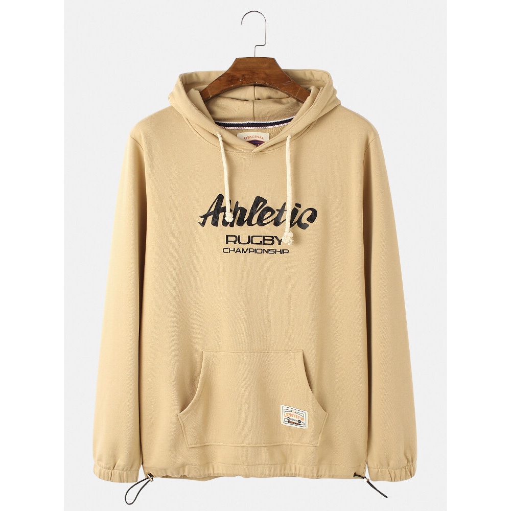 Mens Letter Print Kangaroo Pocket Simple Long Sleeve Cotton Hoodies - Black L