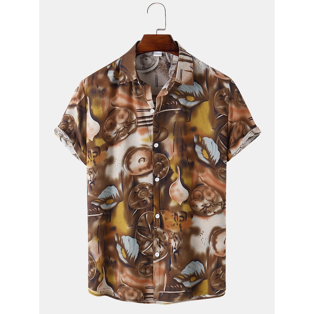 Mens Lapel Vintage Foral Print Short Sleeve Shirt - Coffee M