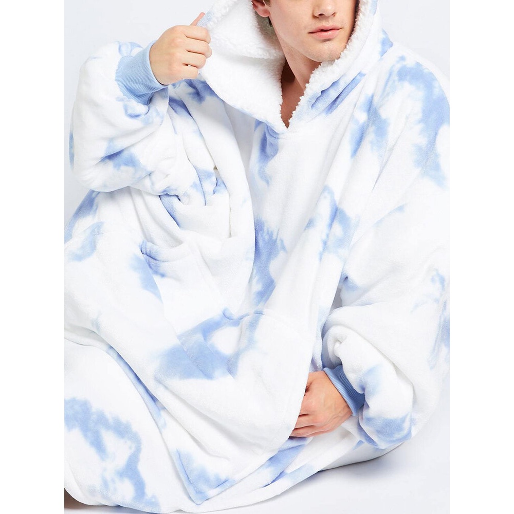 Mens Thicken TIe-Dye Fleece Lined Warm Loose Home Blanket Hoodie With Kangaroo Pocket - Blue One Size
