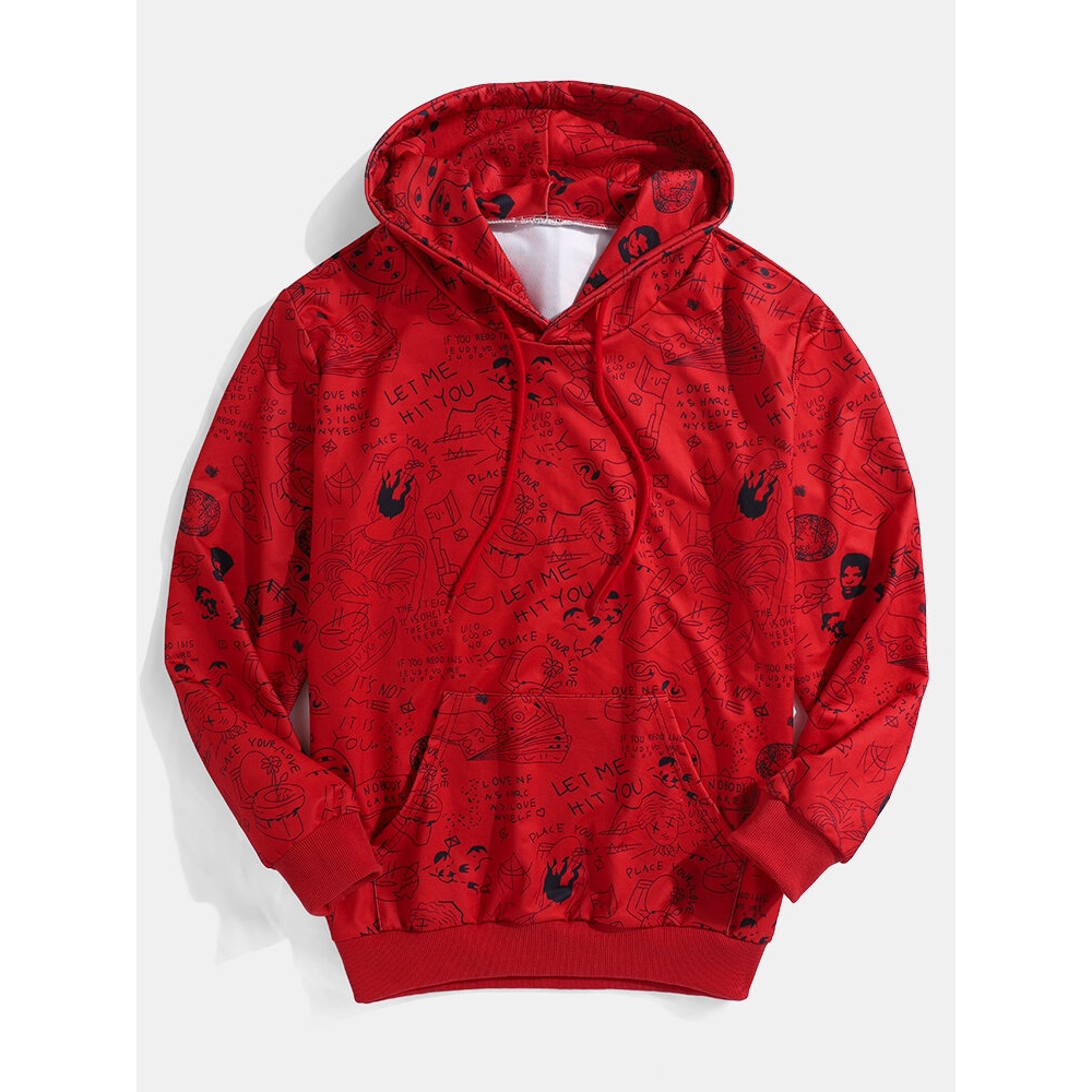 Mens Cute Cartoon Graffiti Print Long Sleeve Red Hoodies With Kangaroo Pocket - Red S