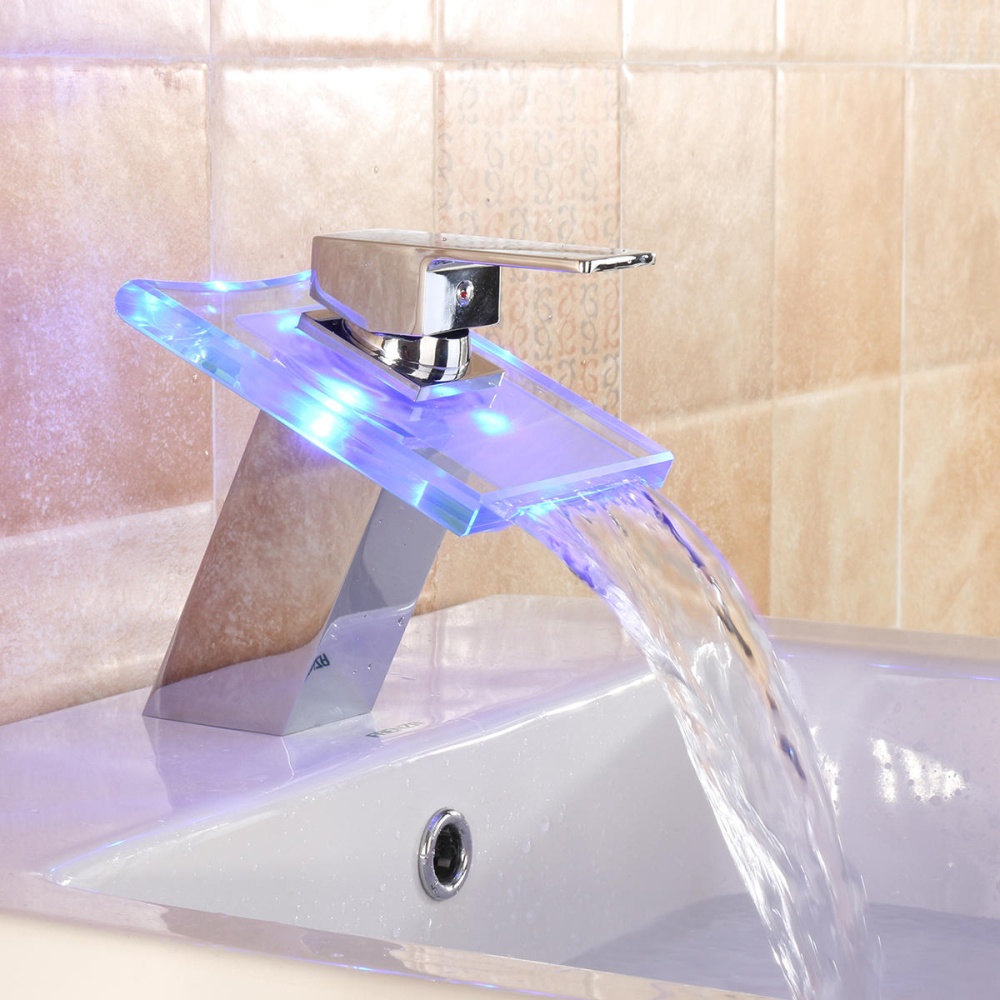 LED Color Changing Waterfall Faucet Bathroom Sink Faucet Glass Basin Bathtub Mixer Tap - Image 2