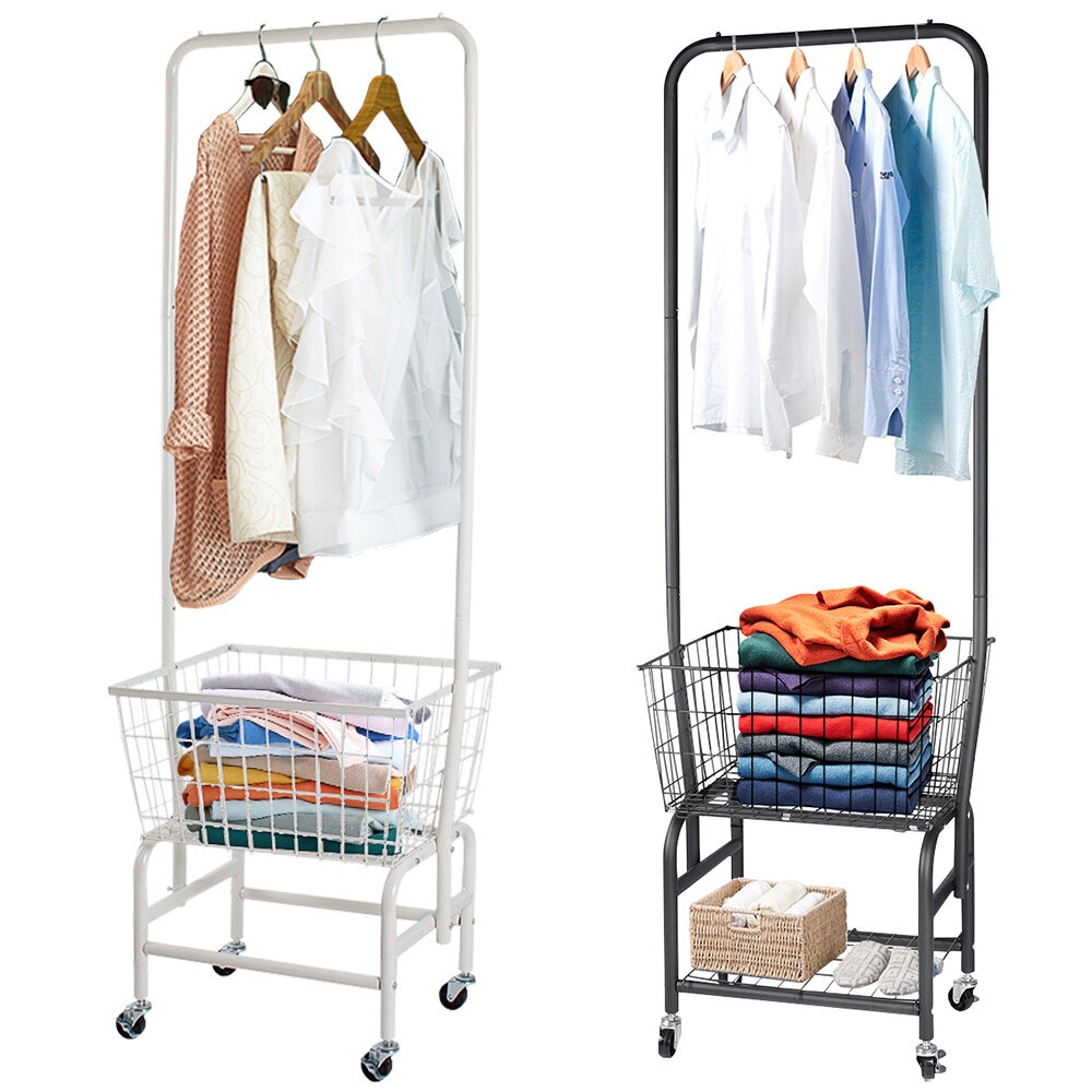 Rolling Laundry Butler Utility Cart Storage Basket Organizer Hanger Rack Hamper - Black - Image 2