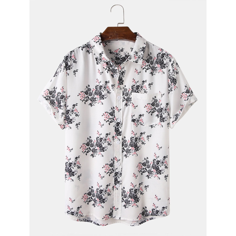 Mens Floral Print Button Up Holiday Short Sleeve Shirts With Pocket - Off White S