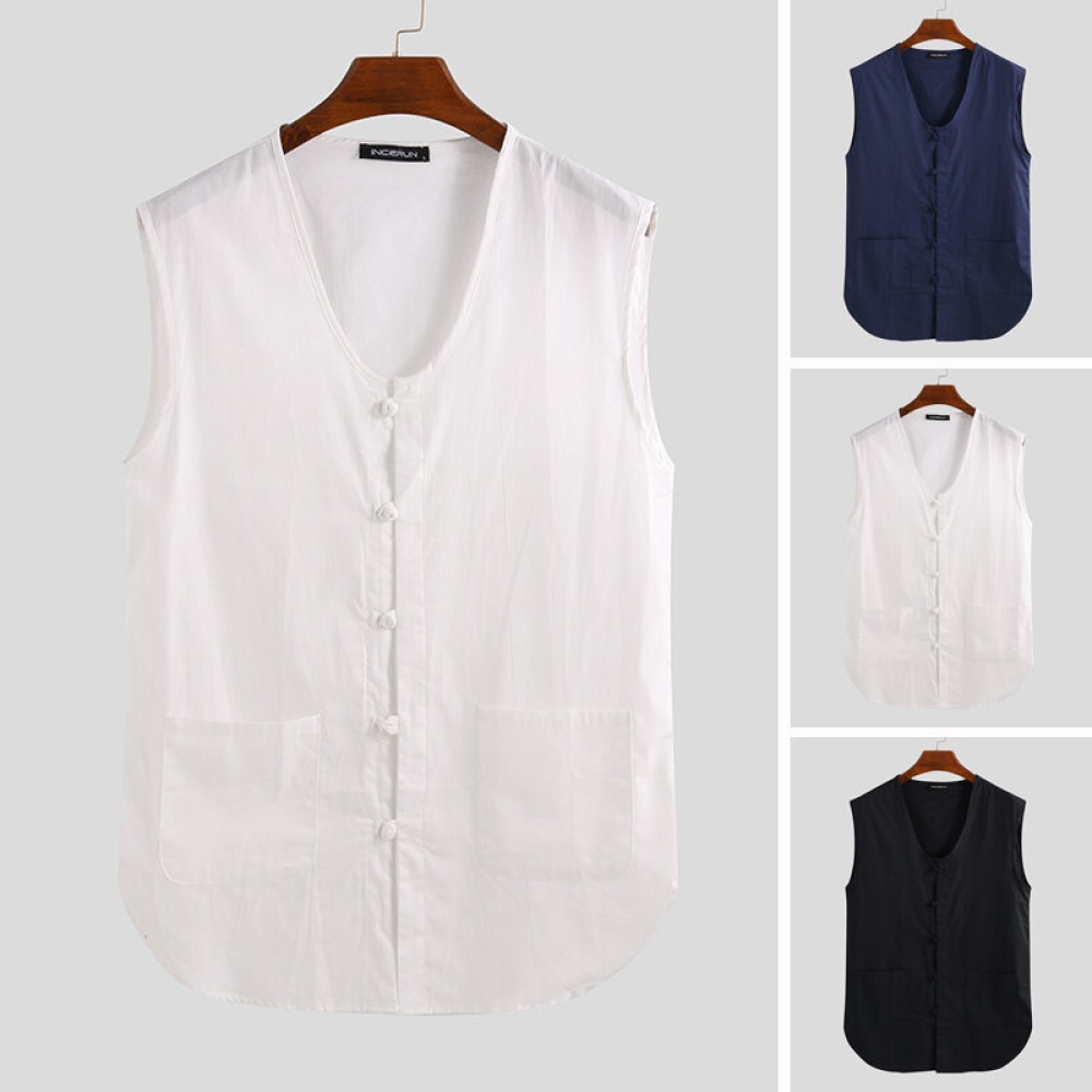 Men's Chinese Style Sleeveless Shirt Collarless V-Neck Retro Fit Vest Tank Tops - 3XL Navy