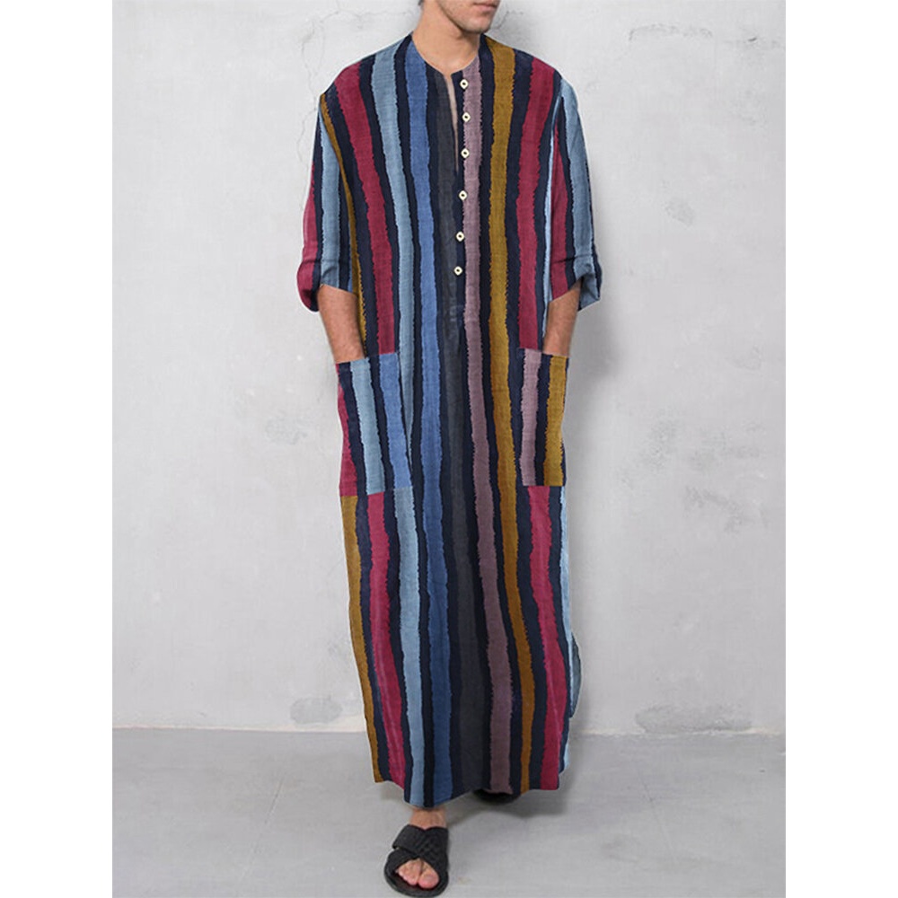 Mens Vintage Loose Kaftan Tops Men Long Robe Loungewear Casual T-Shirts - Red S