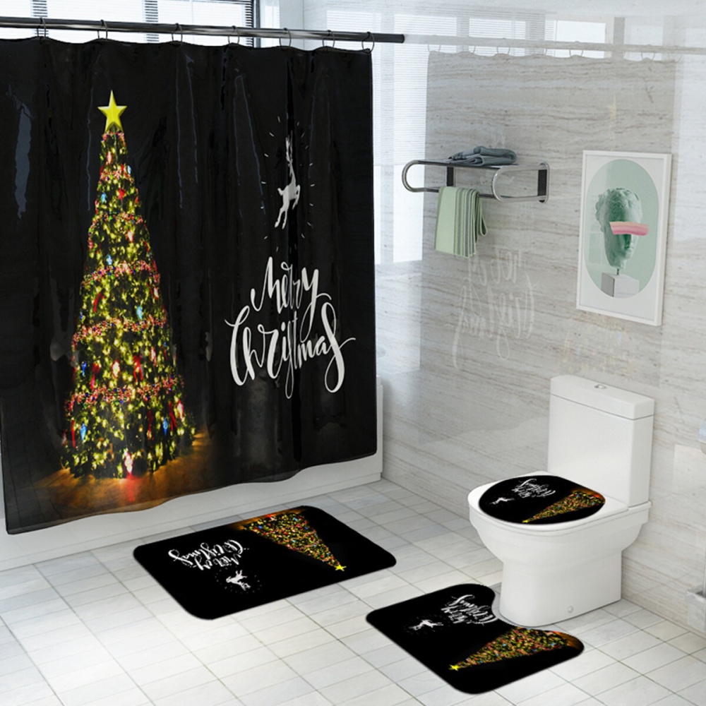 Waterproof Bathroom Shower Curtain Toilet Seat Cover Mat Non-Slip Rug Set - 2 - Image 2