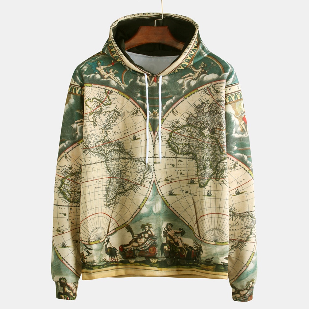 Mens Fashion World Map Adventure Printing Long Sleeve Hooded Sweatshirt - S As Picture