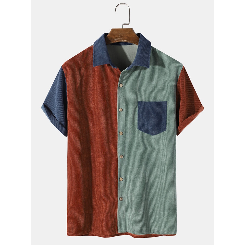 Mens Color Block Pocket Corduroy Casual Shirts - Orange 2XL
