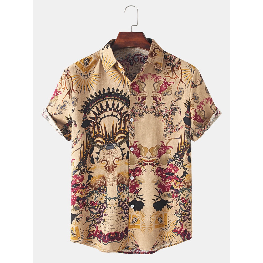 Mens National Style Floral Print Vintage Lapel Short Sleeve Shirt - Khaki S