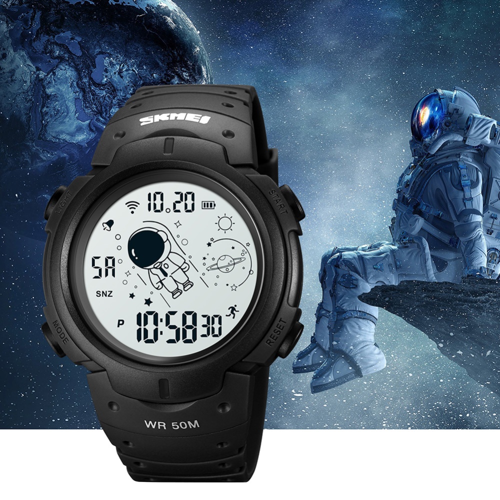 SKMEI Men Electronic Watches Cartoon Astronaut Pattern Dial Led Luminous Alarm Clock Student Sports Wristwatch black and white machine - Image 2