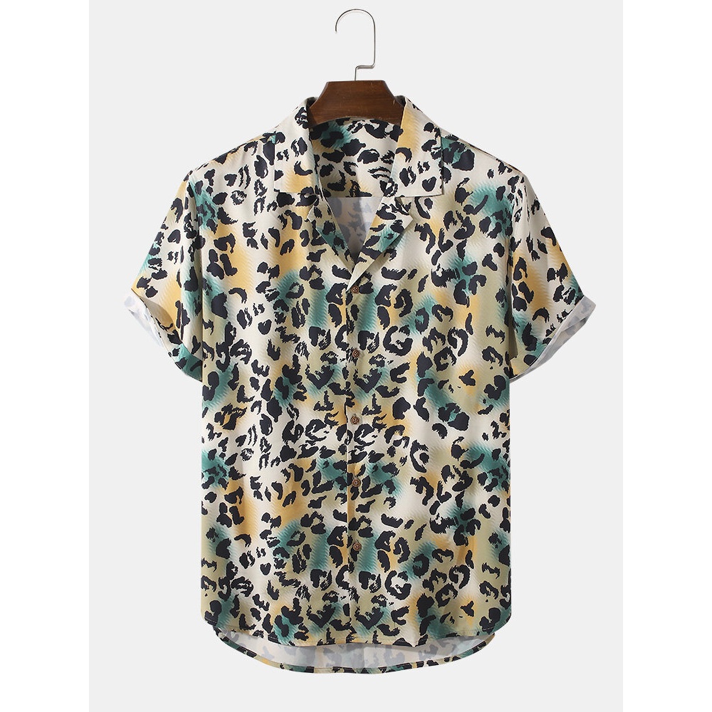 Mens Leopard Print Revere Collar Short Sleeve Shirt - Apricot S