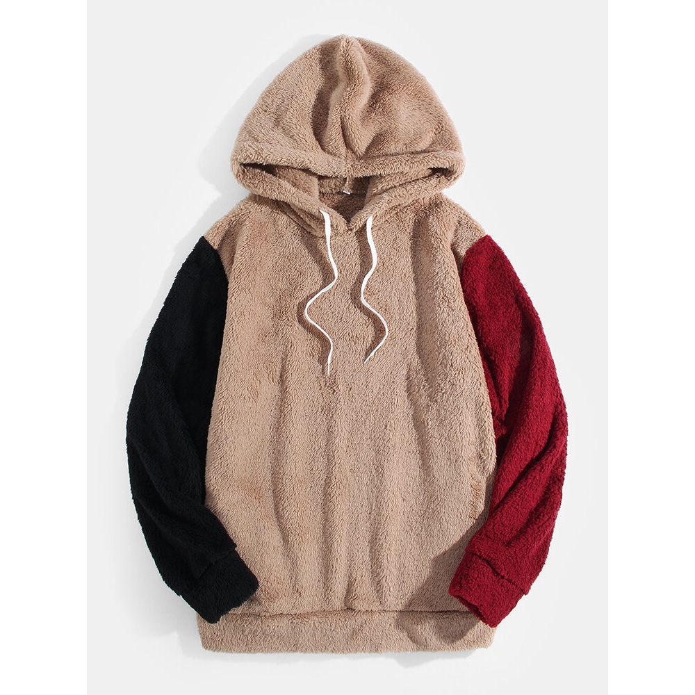 Mens Patchwork Soldi Color Plush Fluffy Long Sleeve Teddy Hoodies - Khaki S