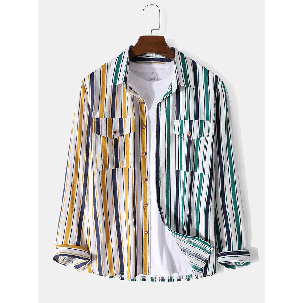 Mens Colored Stripe Patchwork Lapel Long Sleeve Shirts With Flap Pocket - Green S