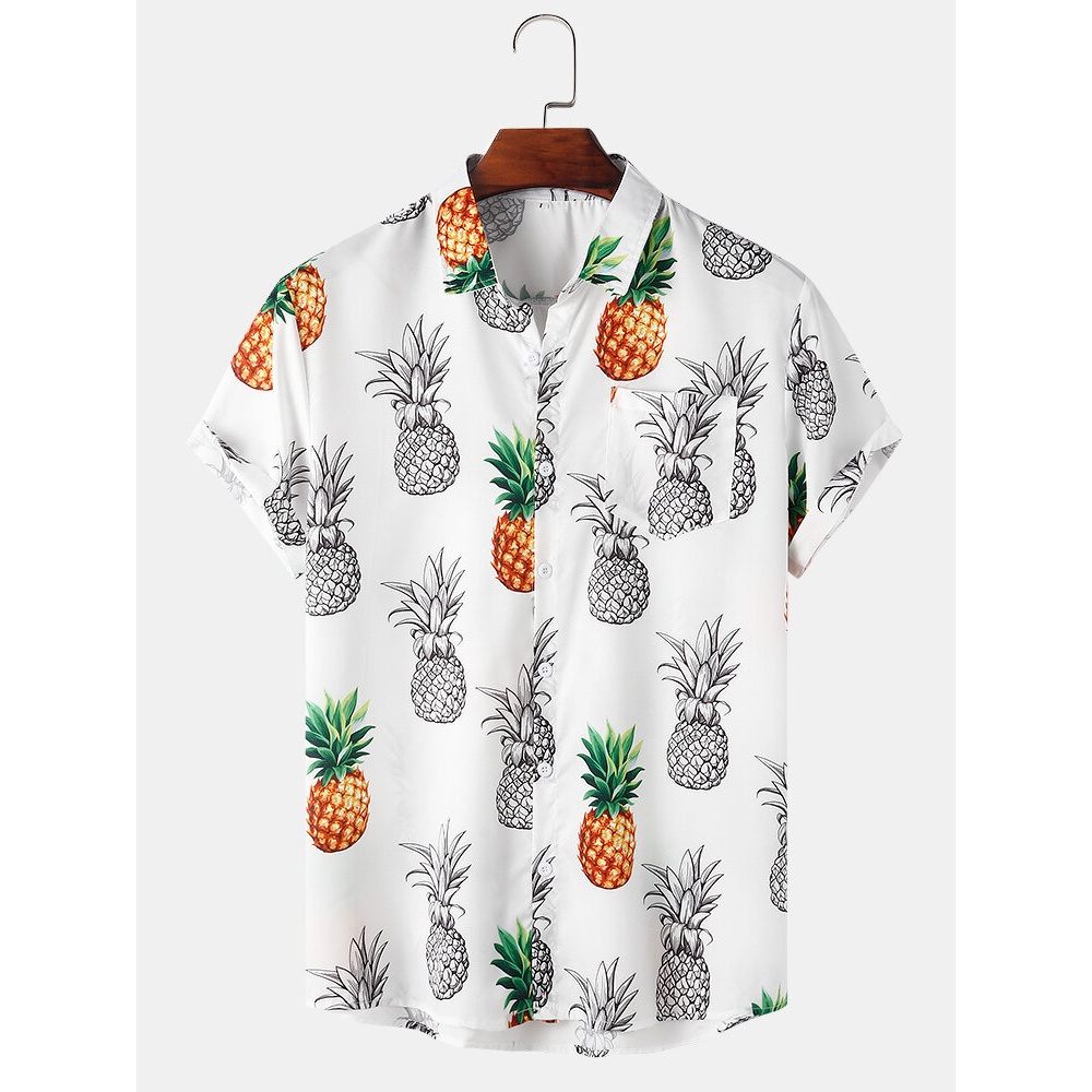 Mens Pineapple Print Casual Short Sleeve Shirts With Pocket - White S