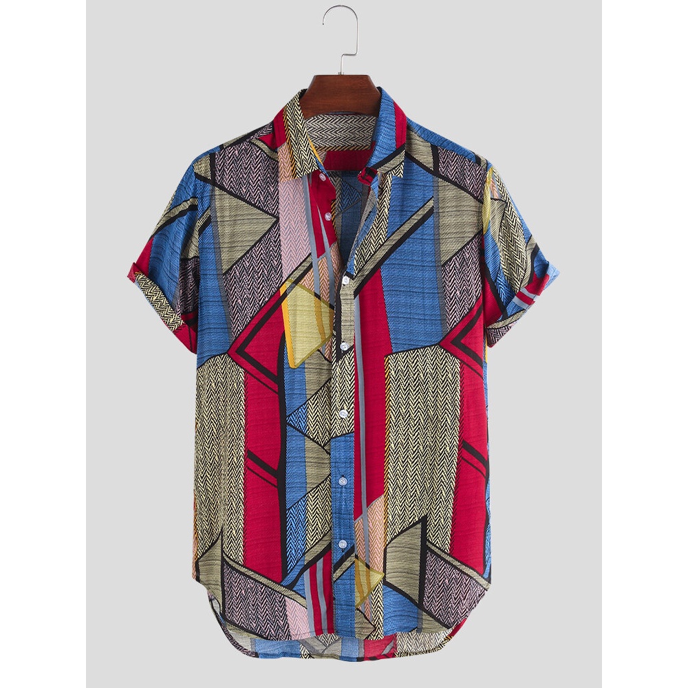 Mens Color Block Geometry Print Turn Down Collar Casual Shirts - M Blue
