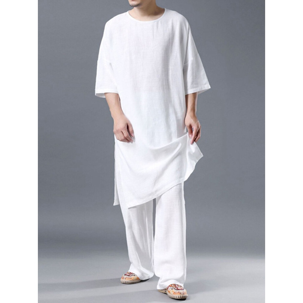 Lightweight Plain Cozy Loose Linen Set O Neck Breathable Home Co-ords for Men - Navy S