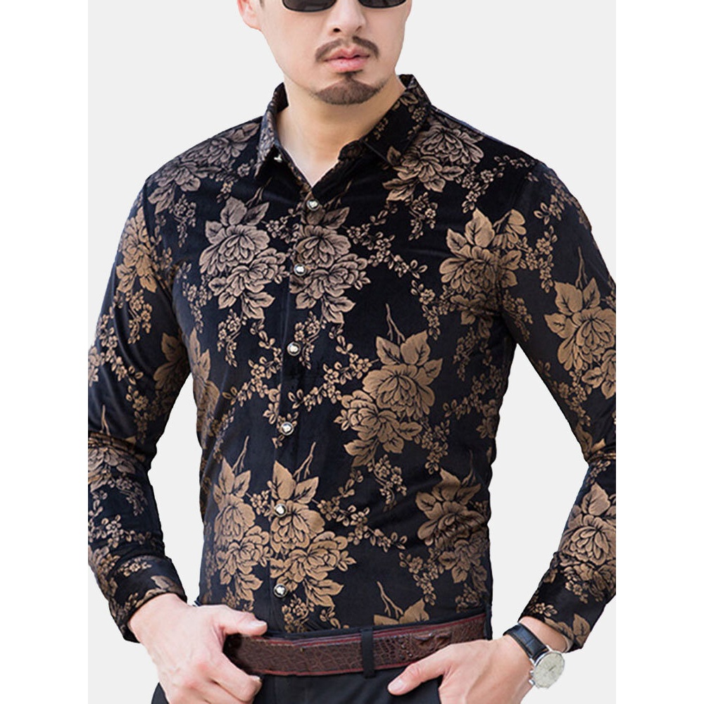 Men's Vintage Floral Printing Shirts - XS Black