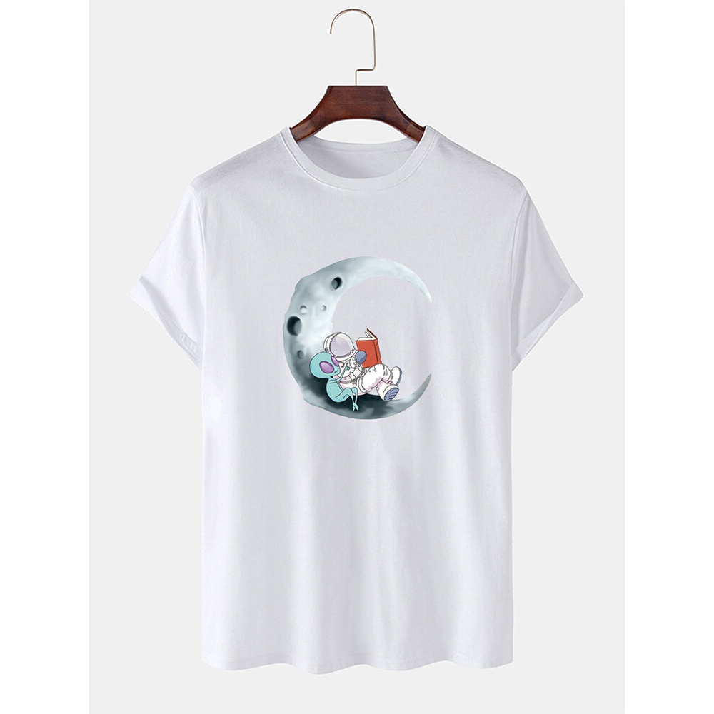 Mens 100% Cotton Moon Astronaut Print Short Sleeve Casual T-Shirts - White S