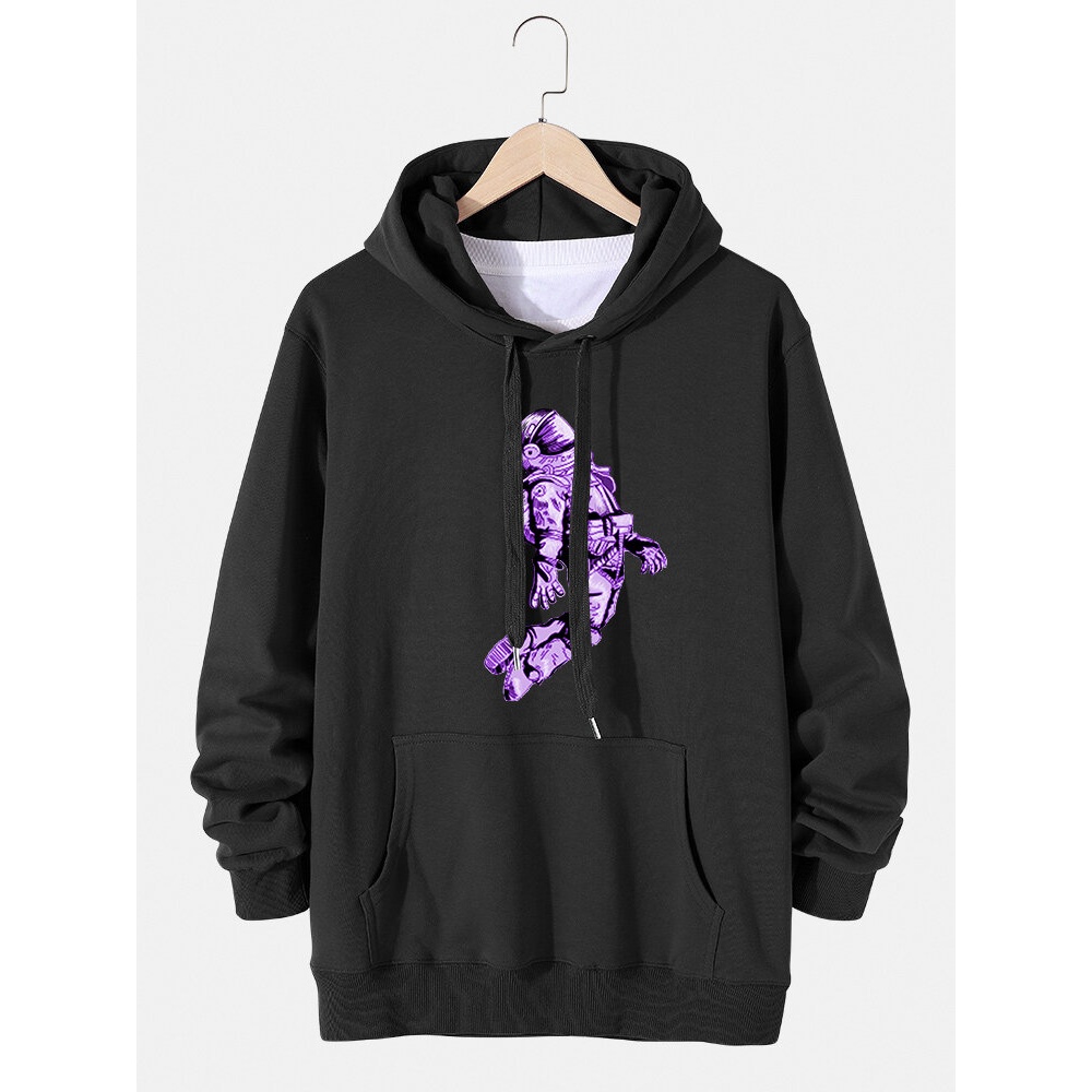 Mens Space Astronaut Print Cotton Drawstring Hoodies With Pouch Pocket - Black S
