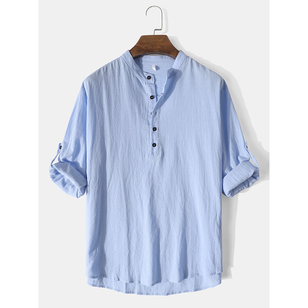 Mens Solid Color High Low Basics Cotton Long Sleeve Henley Shirts - White M