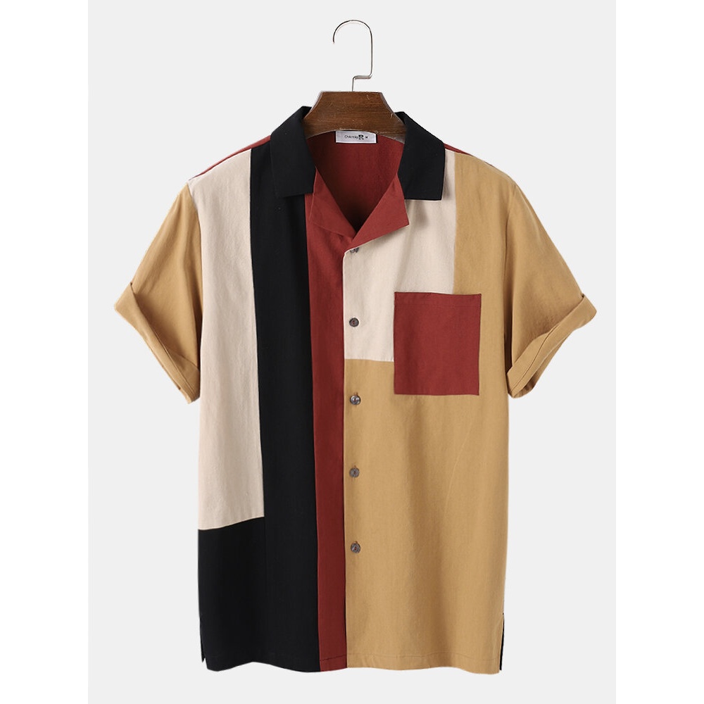 Mens Casual 100% Cotton Patchwork Short Sleeve Shirts - Yellow S