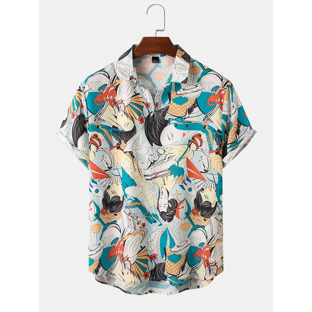 Mens Casual Japanese Cartoon Short Sleeve Shirts - White 3XL