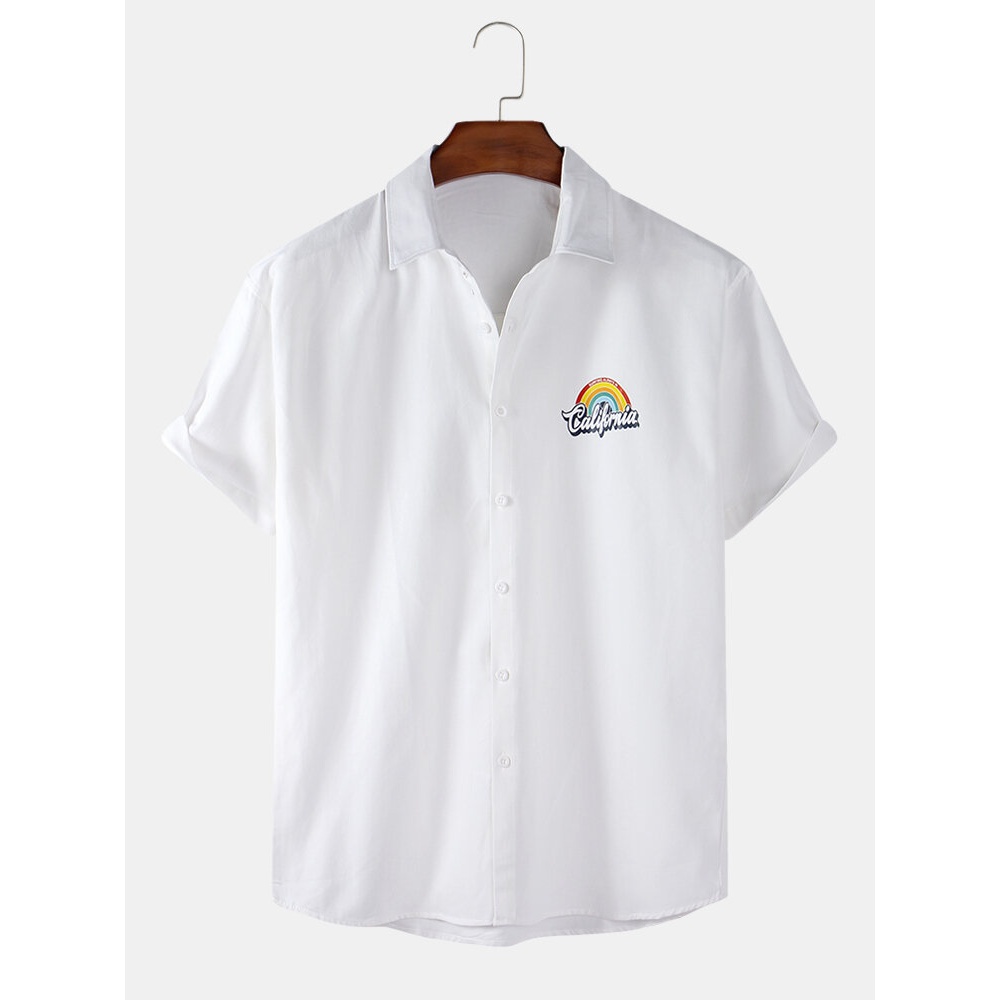Cotton Mens Rainbow Pattern Letter Print Simple Short Sleeve Casual Shirts - White M