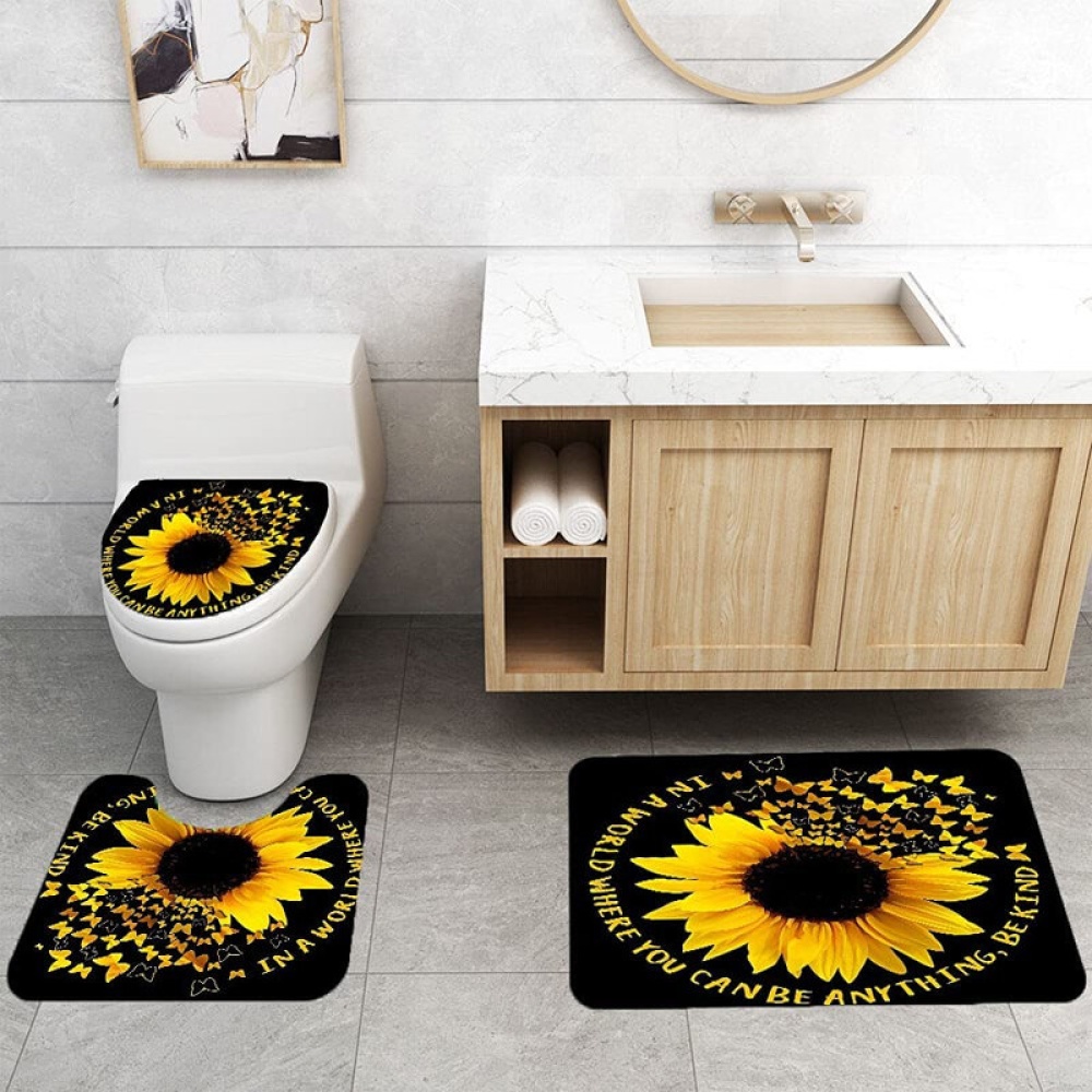 4PCS Sunflower Printing Waterproof Shwoer Curtain Set Anti-slip Dustproof Bath Toilet Seat Cover Lid Floor Mat Set - Image 2