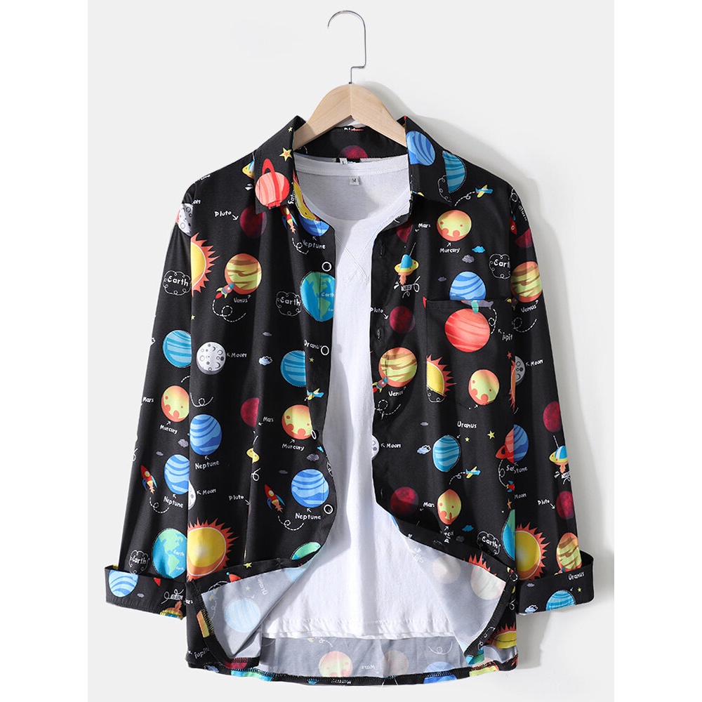 Mens Planet Letter Print Button Up Casual Long Sleeve Shirts With Pocket - Black 2XL