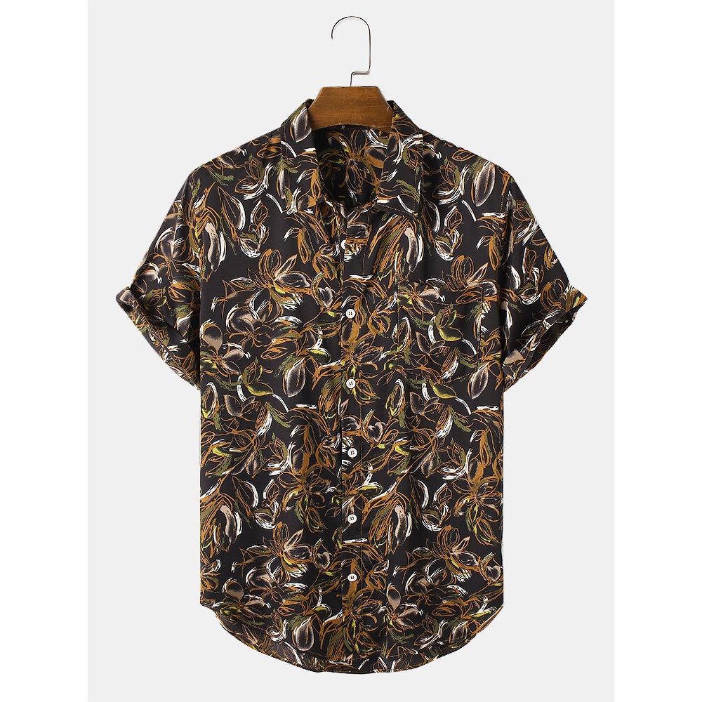 Mens Tropical Flower Print Holiday Casual Shirts - Black S