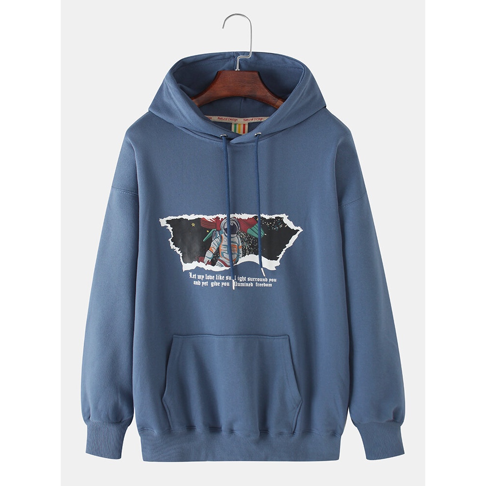 Mens Astronaut Graphic Slogan Print Cotton Casual Drawstring Hoodies With Kangaroo Pocket - Light Grey M