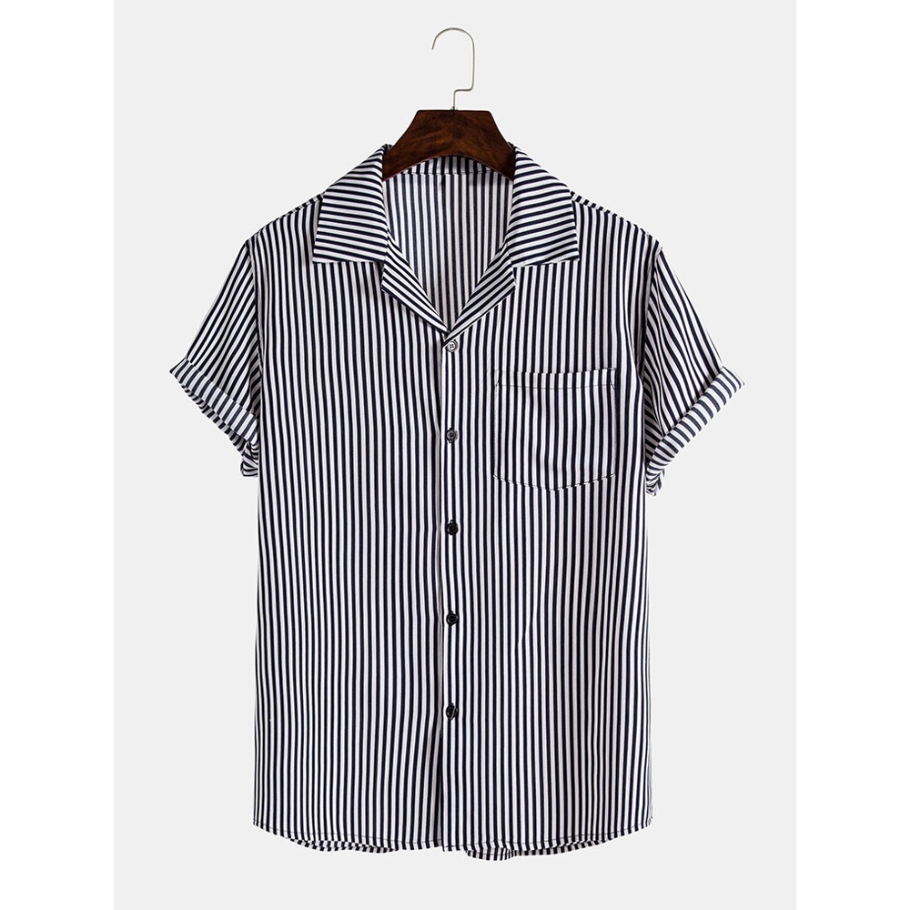Mens Vertical Stripe Revere Collar Short Sleeve Holiday Casual Shirts - Grey L