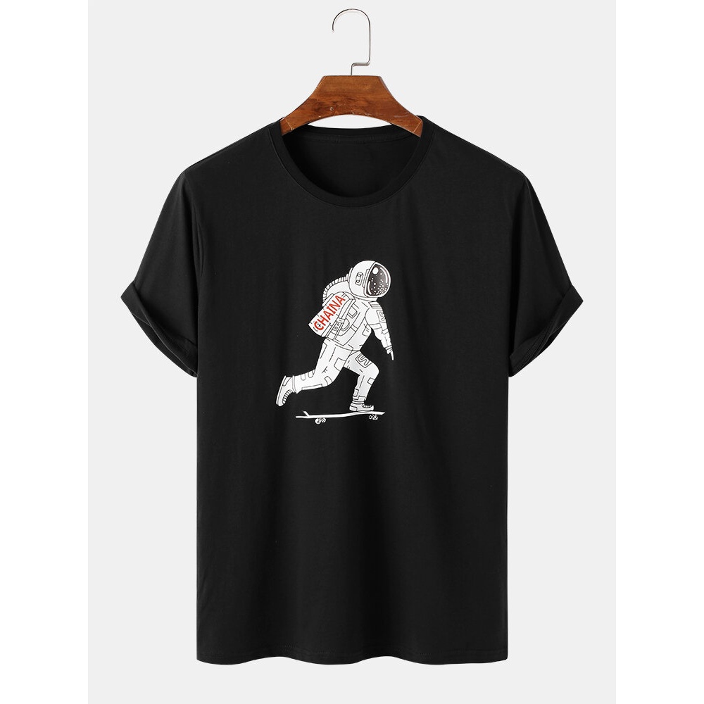 Mens Astronaut Graphic O-Neck 100% Cotton Casual Short Sleeve T-Shirts - Pink XL