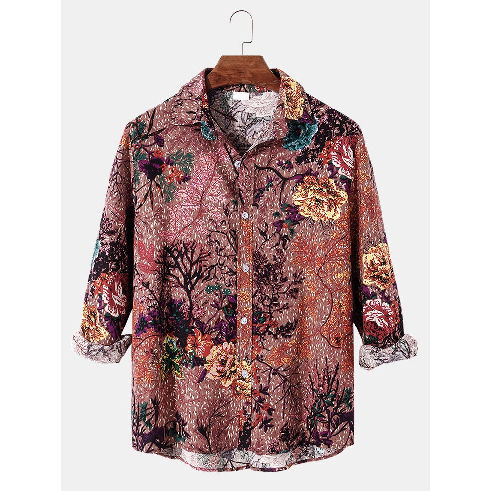Mens All Over Plant Print Flax Lapel Collar Casual Loose Fit Long Sleeve Shirts - Red XL