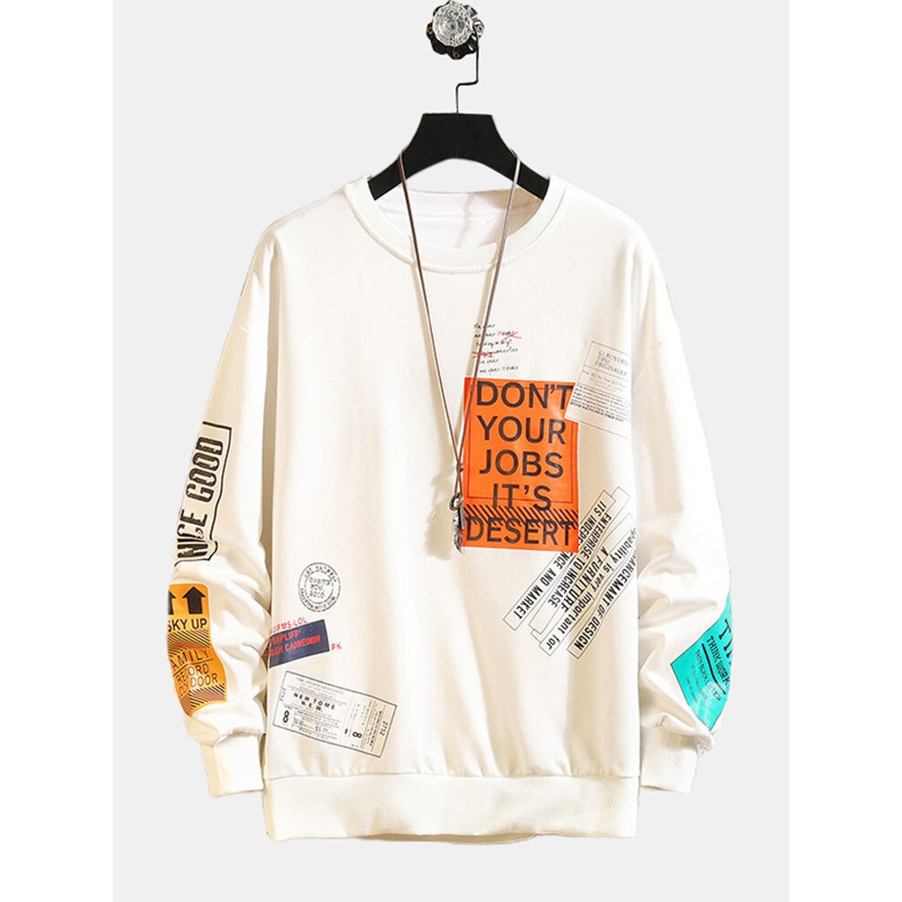 Men's New Letter Printing Loose Hip-hop Round Neck Casual Long Sleeves Sweaters - S White