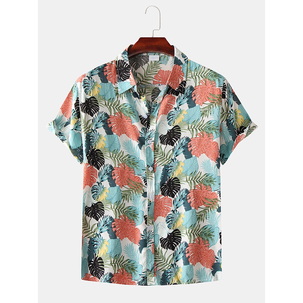 Men Tropical Plant Leaf Print Turn Down Collar Casual Holiday Short Sleeve Shirts - White M