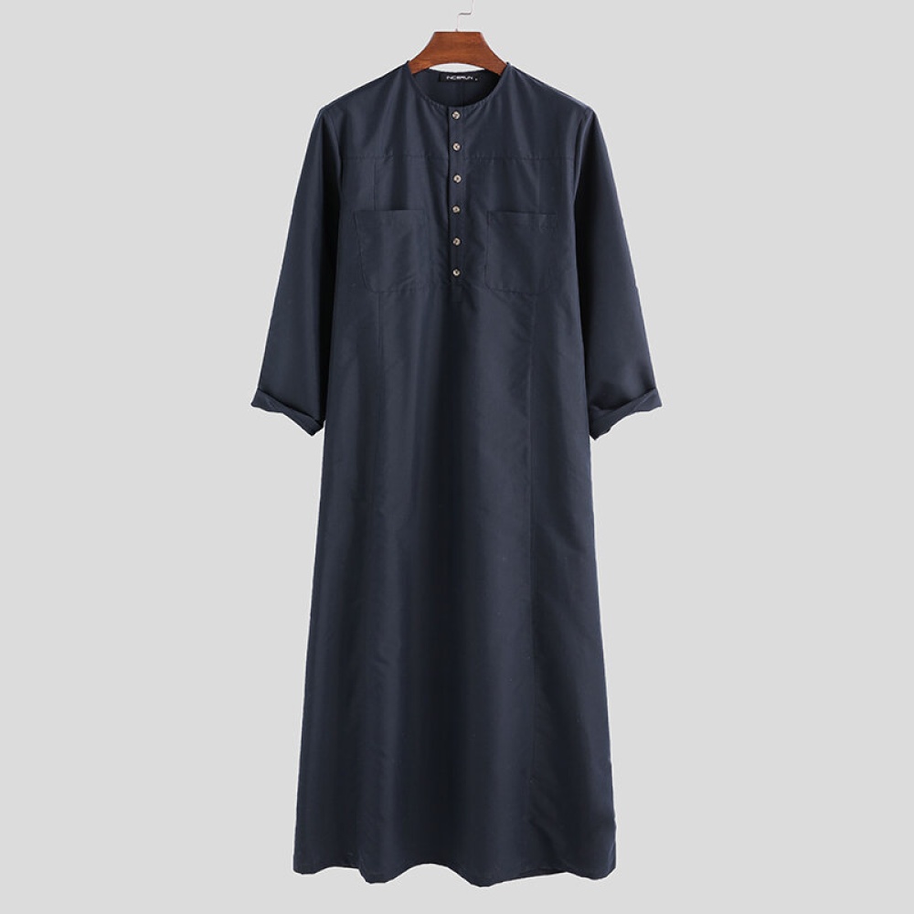 Men Dual Pockets Solid Color Kaftan Henley Long Shirts - S Dark Grey