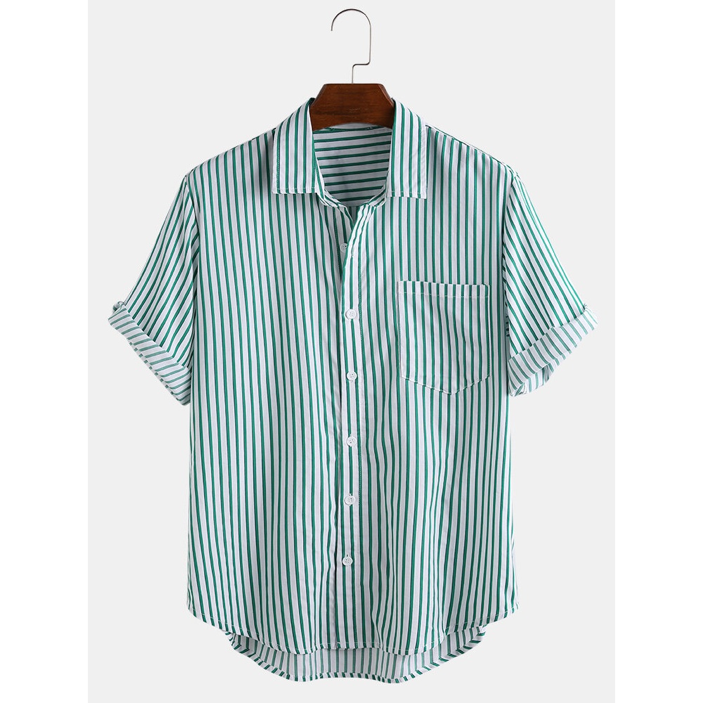 Mens Fashion Stripe Practical Pocket Breathable Turn Down Collar Casual Shirts - Red M