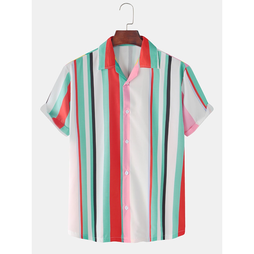 Mens Colorful Vertical Stripes Casual Short Sleeve Shirts - Green L
