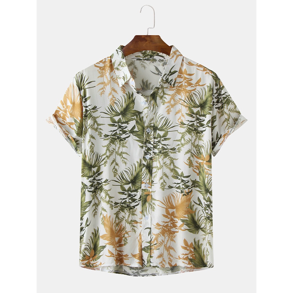 Men Tropical Plant Leaves Print Turn Down Collar Hawaii Holiday Short Sleeve Shirts - White XL