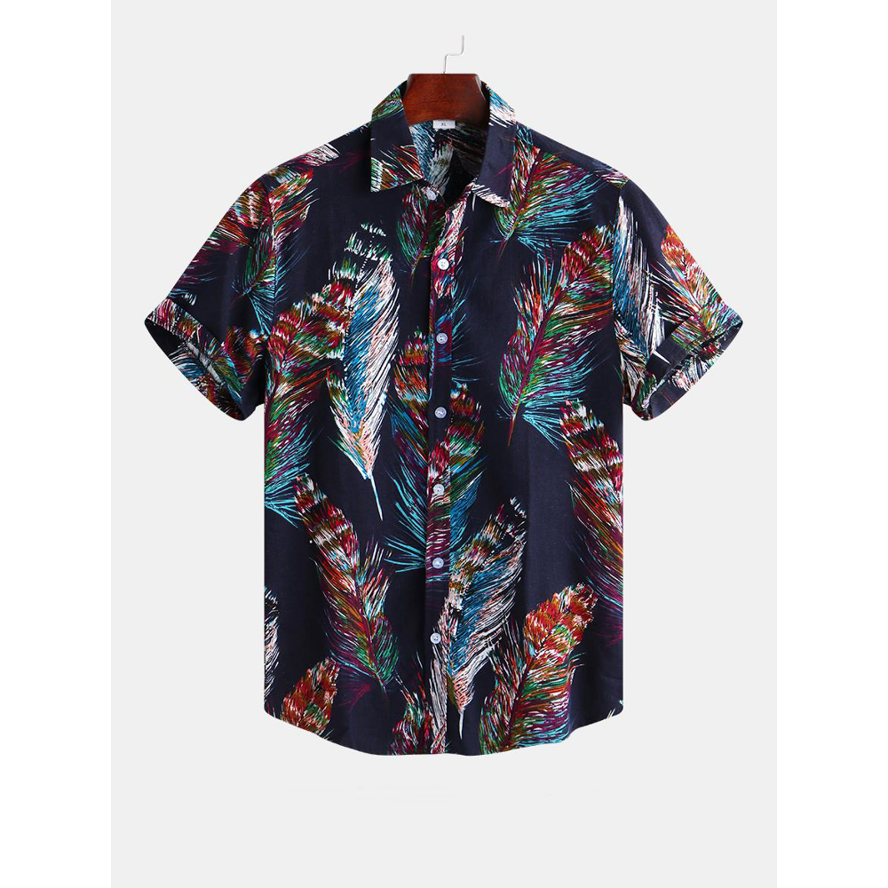 Men Colorful Feather Printign Summer Printed Hawaiian Shirts - 3XL As Picture