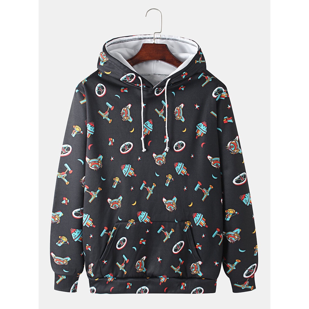 Mens Cartoon Spaceship Print Long Sleeve Black Drawstring Hoodies - Black S