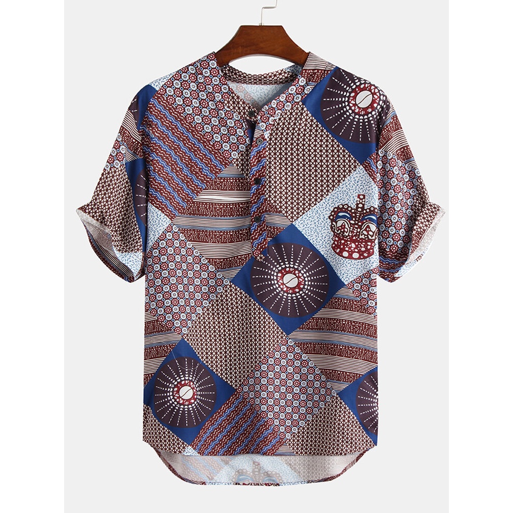 Mens Ethnic Style Pattern Printing Summer Loose Casual Henley Shirts - 2XL As Picture