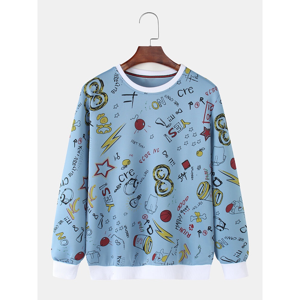 Mens Cotton Cute Graffiti Print Pullover Round Neck Long Sleeve Casual Sweatshirts - White M