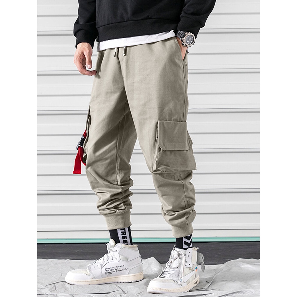 Mens Solid Color Snap Patch Pocket 100% Cotton Jogger Pants - Apricot XL