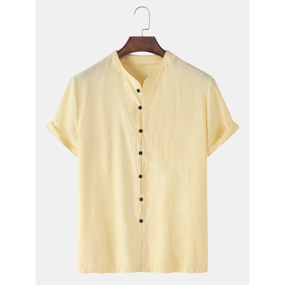 Mens Stand Collar Linen Breathable Stand Collar Solid Color Casual Shirts - Grey L