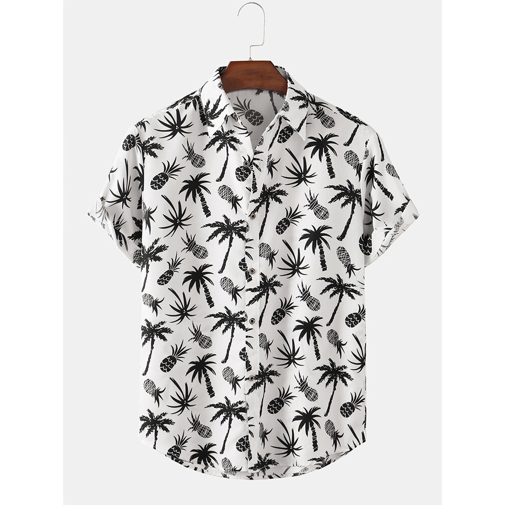 Mens Abstract Tropical Coconut & Pineapple Print Holiday Short Sleeve Shirts - White XS