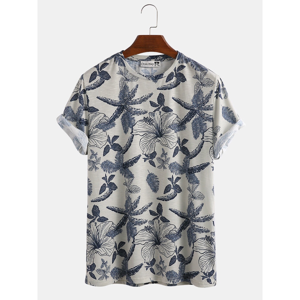 Men Floral Print Crew Neck Short Sleeve Casual T-Shirts - Khaki 2XL