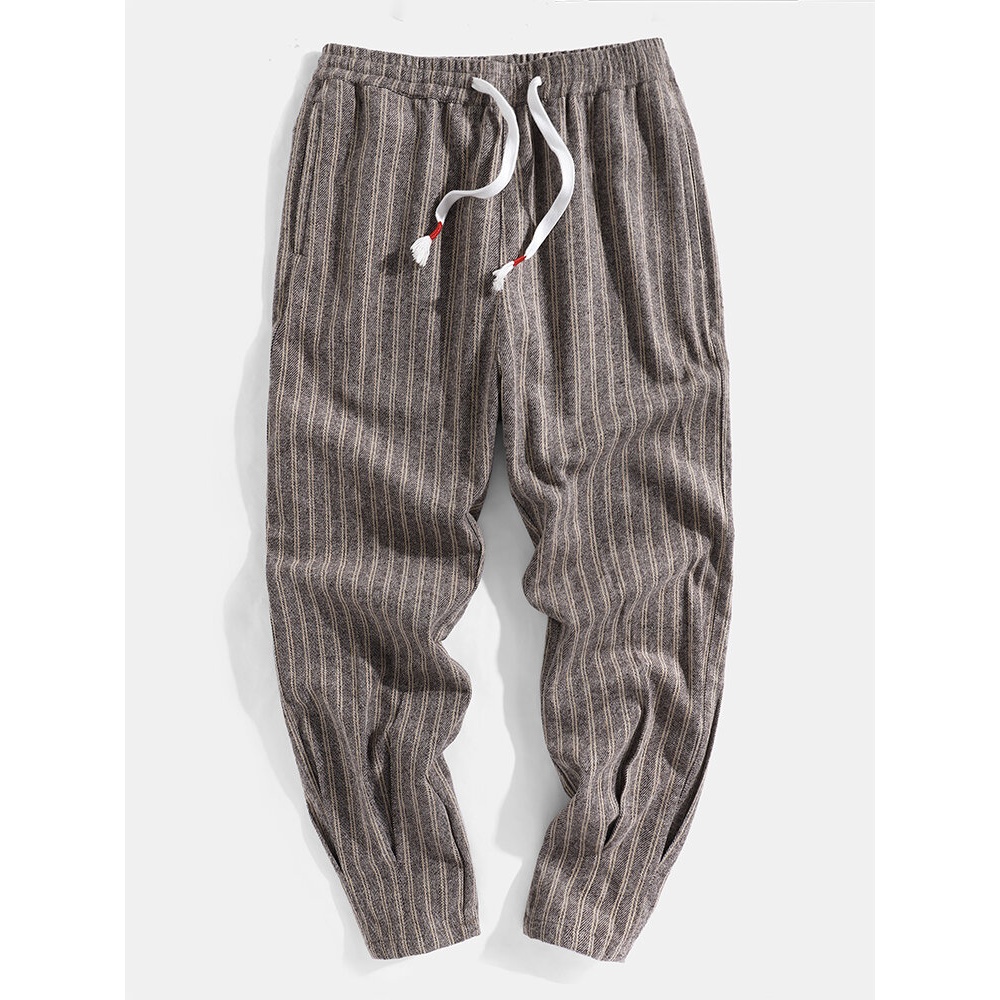 Mens Vintage Striped Casual Drawstring Waist Harem Pants - Coffee L