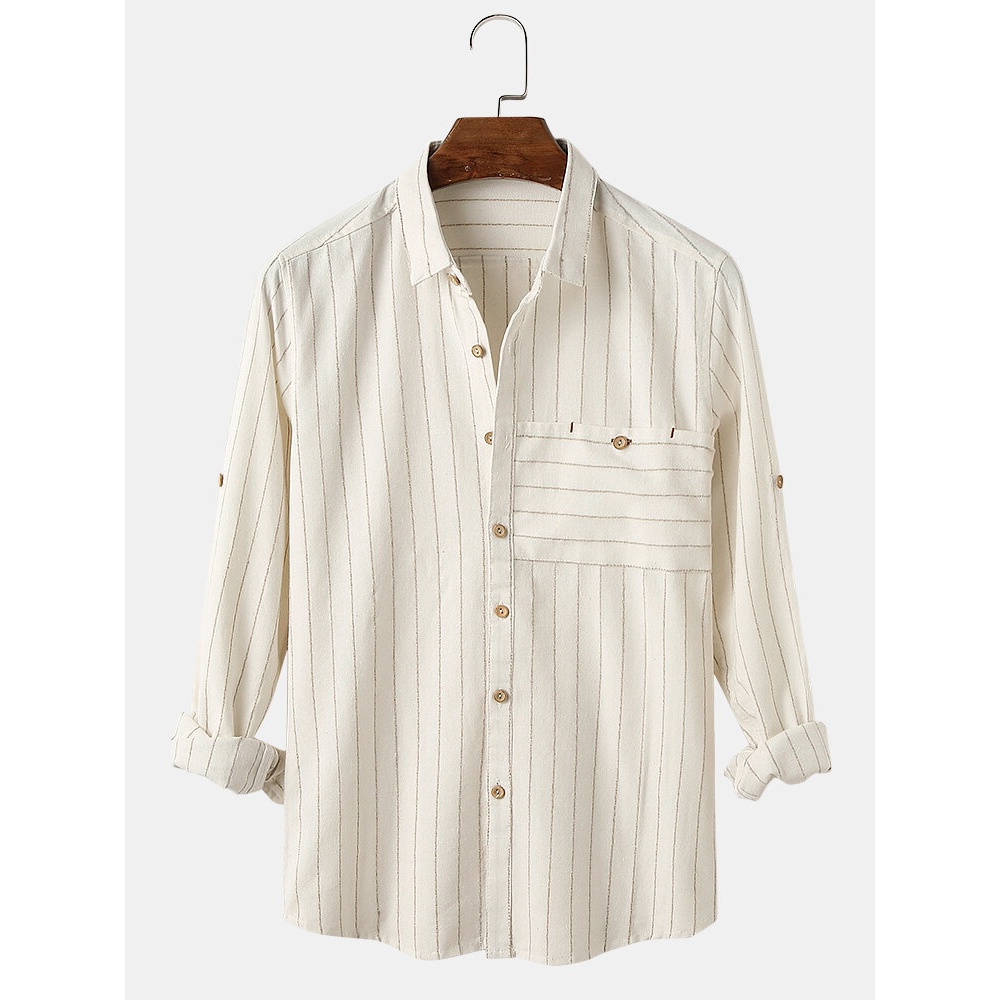 Mens Stripe Lapel Collar Big Pocket Long Sleeve Breathable Shirts - White M